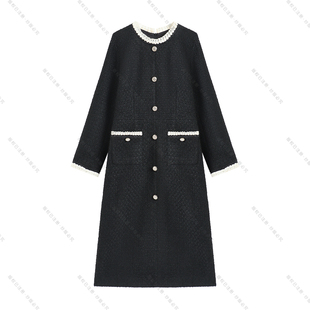 【南油虹姐】秋冬新款小香风圆领木耳边设计拼接加厚中长款3136