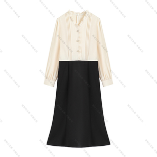 【南油虹姐】秋季新款V领木耳边拼接收腰优雅时尚显瘦连衣裙3044