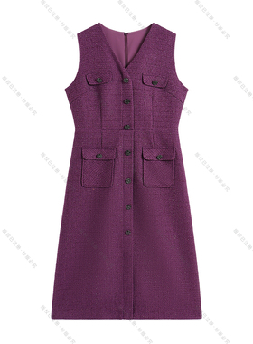 【南油虹姐】无袖长款轻奢高腰连衣裙时尚秋冬V领A字裙3080