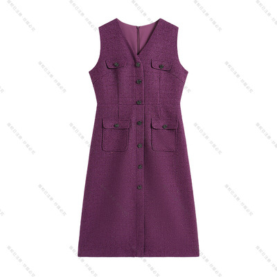 【南油虹姐】无袖长款轻奢高腰连衣裙时尚秋冬V领A字裙3080