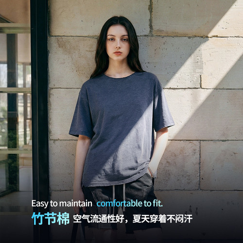 炒雪花洗水竹节棉T恤男 卷边做旧复古风宽松短袖 休闲百搭做旧质