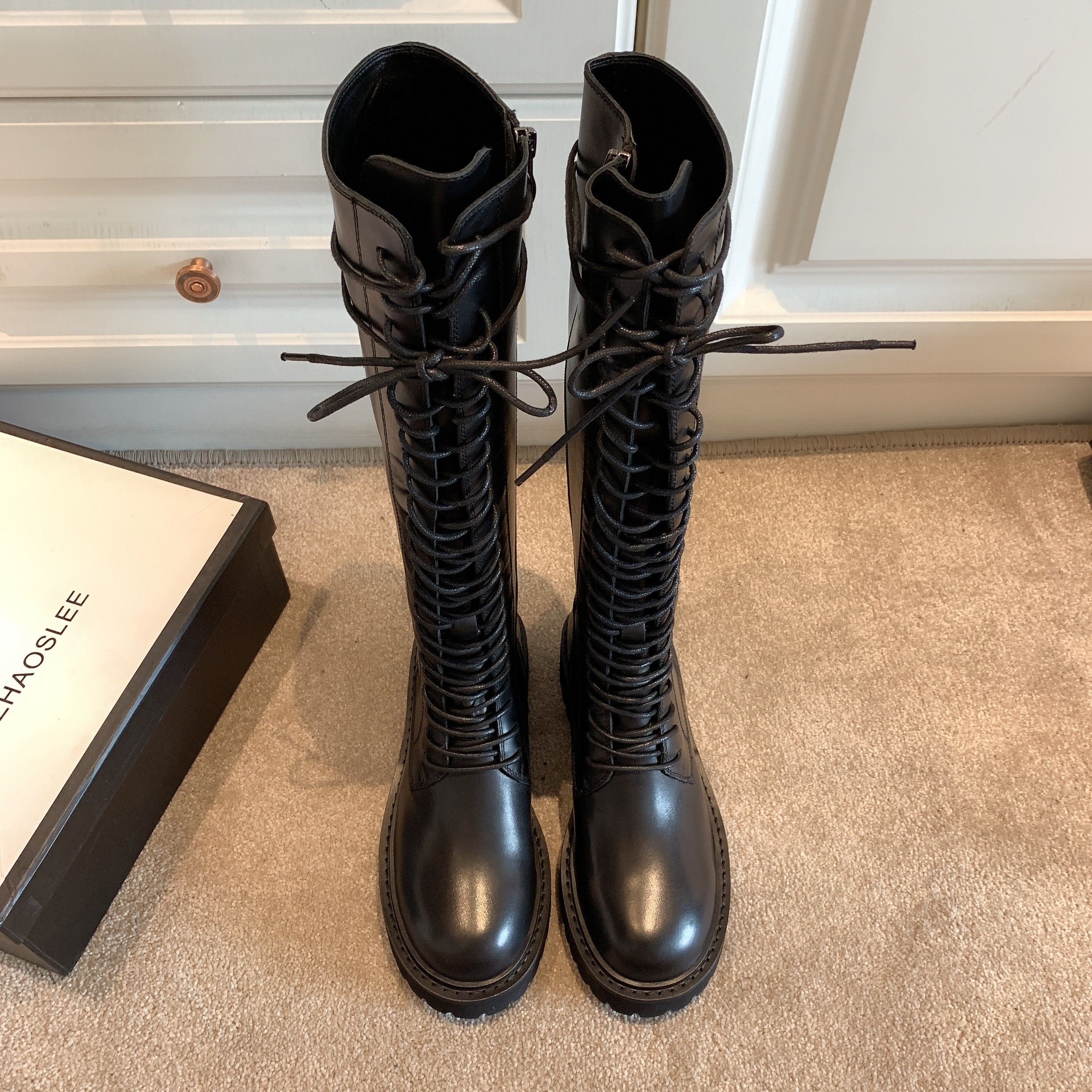 骑行靴女真皮系带高筒长靴2025秋冬新款ann长筒马丁靴不过膝靴子