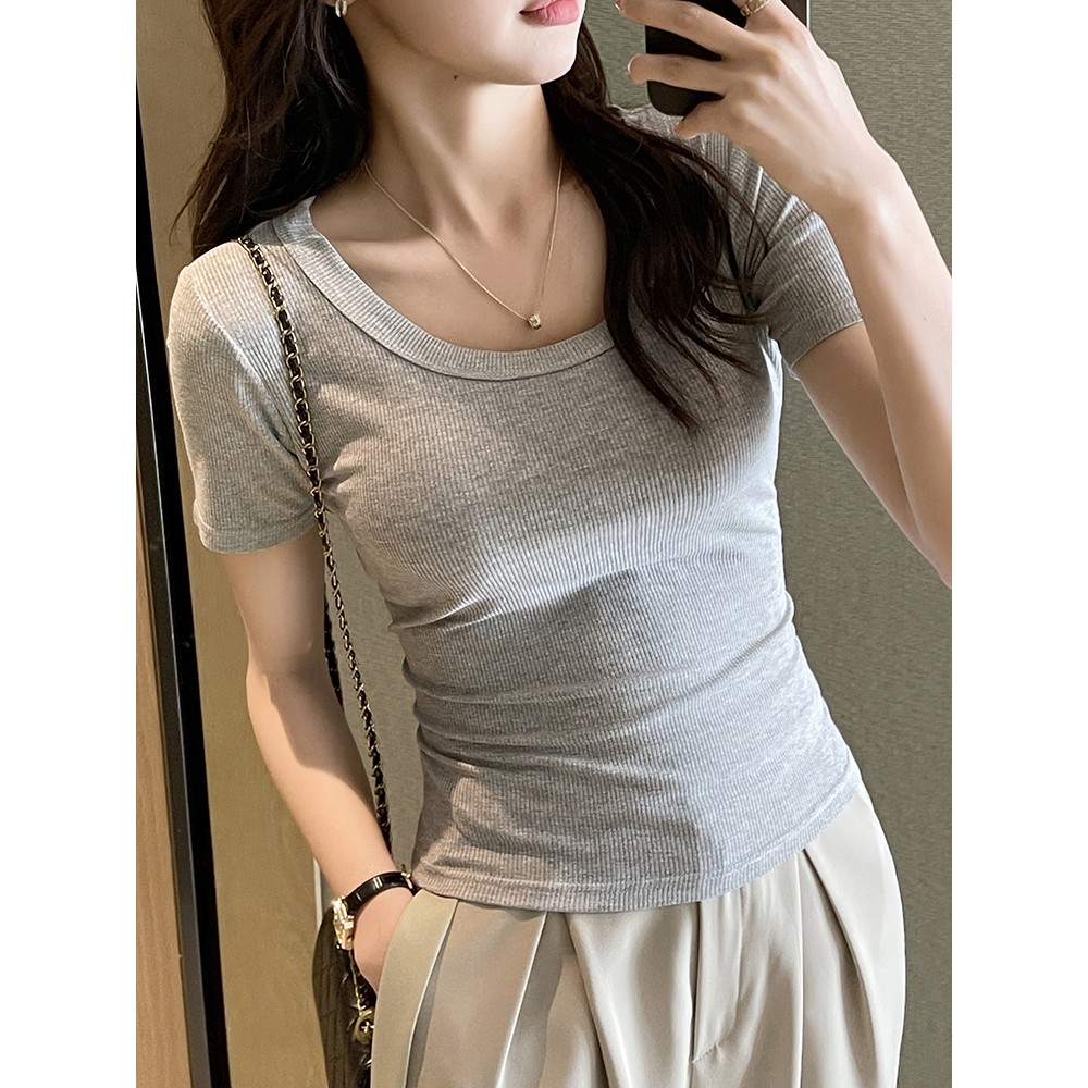 韩国灰色T恤女正肩短袖春夏方领露锁骨紧身上衣纯棉u领内搭打底衫