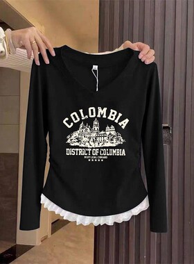 韩国Honey koko⭐V领蕾丝收腰长袖t恤女设计感修身黑色上衣春秋冬