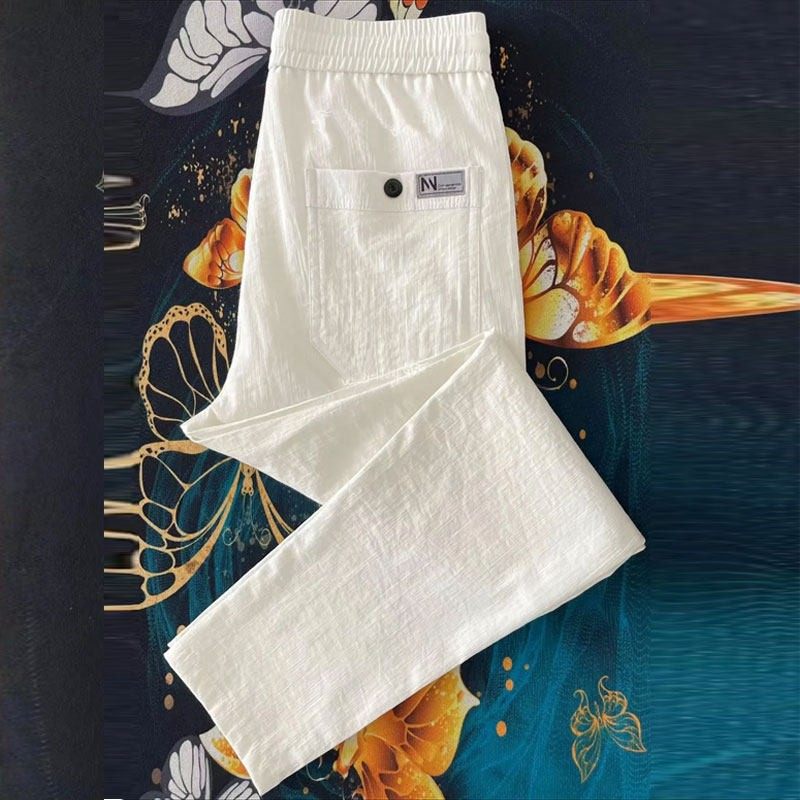 2025夏季薄款速干 干棉麻休闲 裤男简约百搭修身直筒裤弹力净版烟,男装,休闲裤,淘宝优惠券,粉丝福利购,淘宝优惠卷