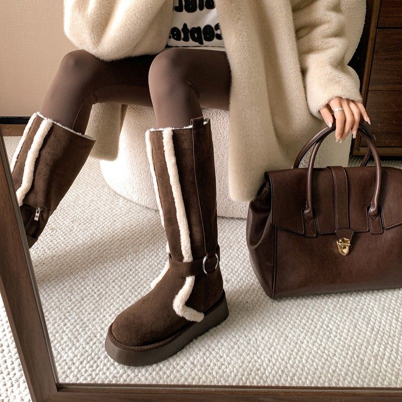 圣诞麋鹿~美拉德韩版毛毛靴小个子厚底雪地靴女冬翻折两穿高筒靴