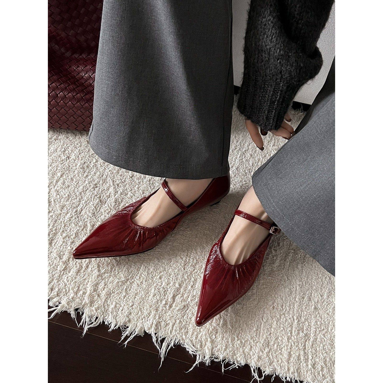 富覆古~欧美优雅尖头鞋褶皱单带玛丽简鞋真皮小跟平底鞋女士春季,女鞋,玛丽珍鞋,淘宝优惠券,粉丝福利购,淘宝优惠卷