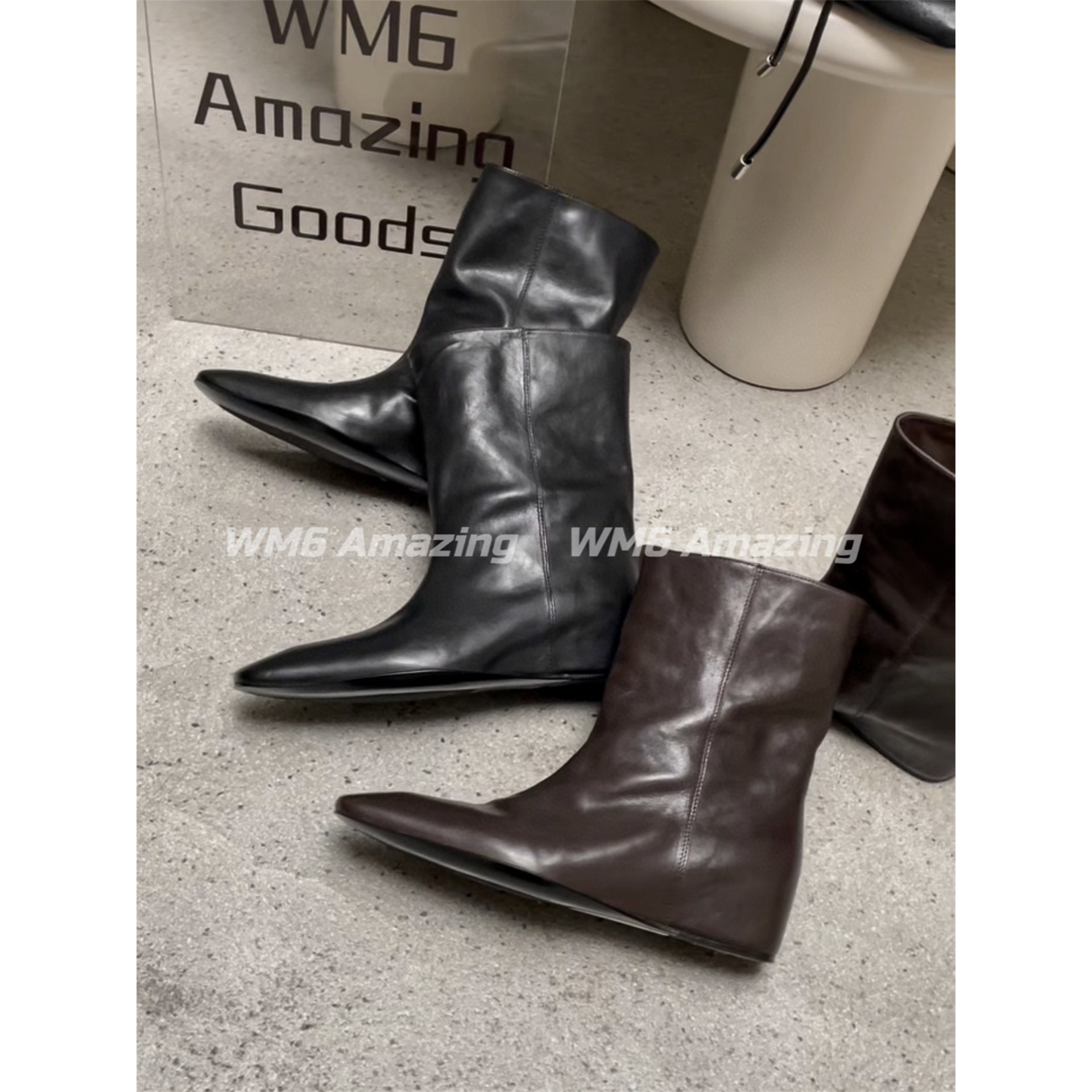 WM6女鞋2025秋冬新款欧货真皮方头内增高切尔西机车短靴马丁靴潮