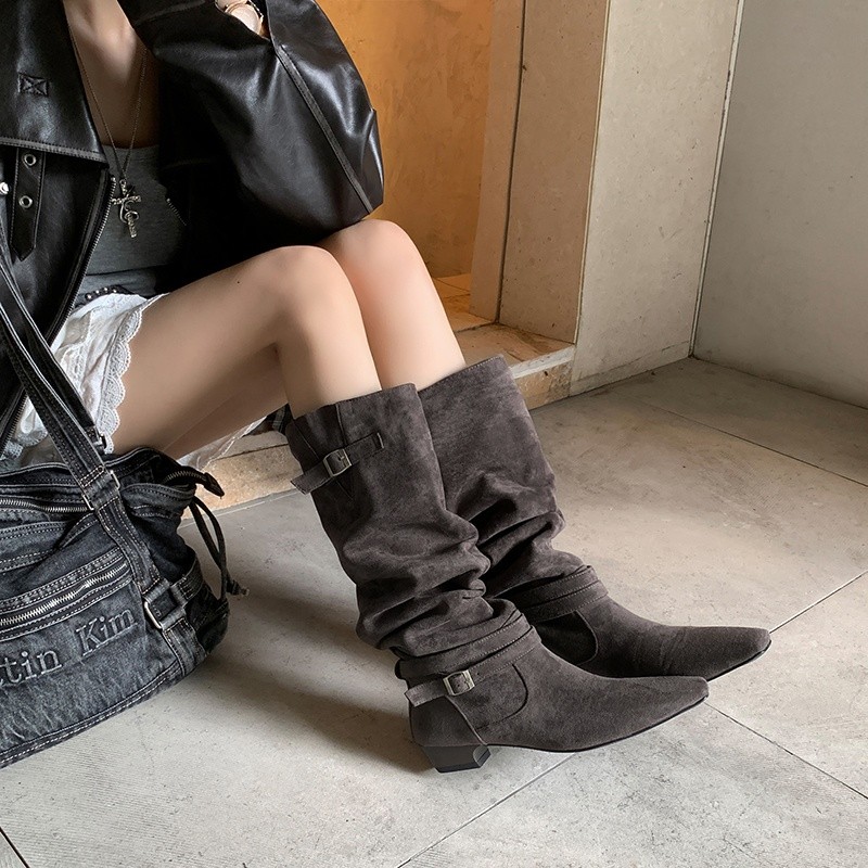 长腿攻略！韩版ins磨砂褶皱堆堆靴女方头粗跟骑士靴宽筒显瘦长靴