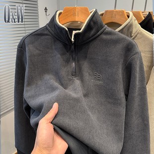 半拉链立领卫衣男款秋冬季加绒加厚2024新款中年男装外套潮半高领