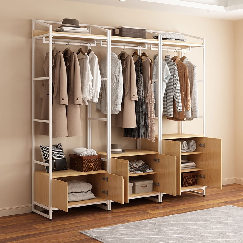 开放式衣柜实木推拉门衣柜家用卧室金属衣帽间铁艺挂衣架两门衣橱