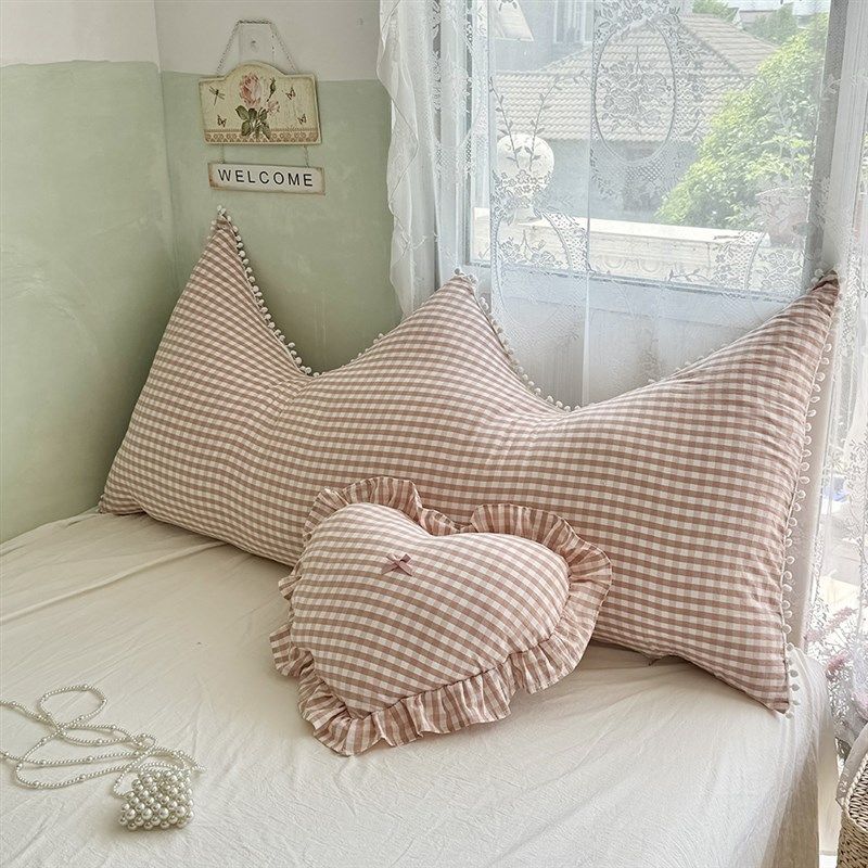 全棉水洗棉格子简约靠背床头大靠垫毛球球边装饰靠枕1.5m床可拆洗