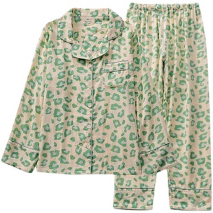 时髦精绿色豹纹睡衣女纯棉纱出口高工春秋长袖薄款家居睡眠服套装