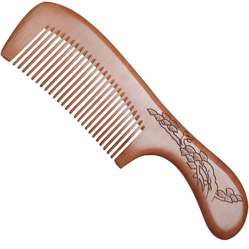 郎府老桃木梳子古典雕花长手柄款青松顺发梳造型梳马尾细齿男女士