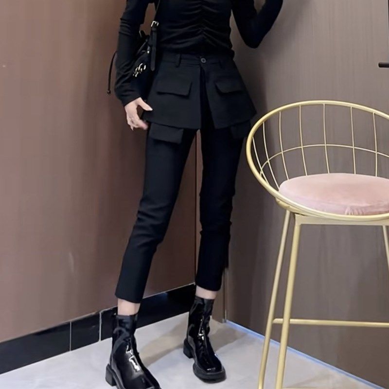 秋季新款假两件围裙裤女弹力显瘦小脚裤百搭西装裤时尚直筒九分裤