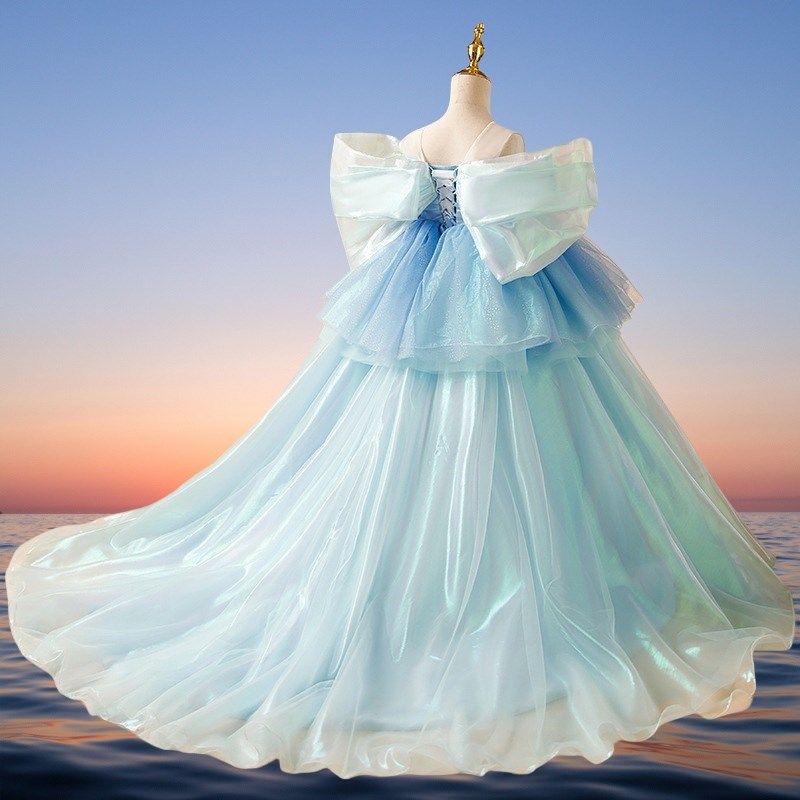 轻奢礼服女童生日公主裙儿童拖尾连衣裙蓝色晚礼服钢琴演奏主持人