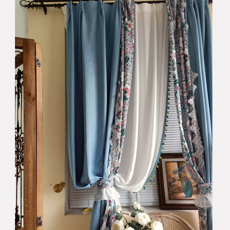 2022新款美式乡村田园小清新翠花蓝色甜美复古客厅卧室浪漫窗帘