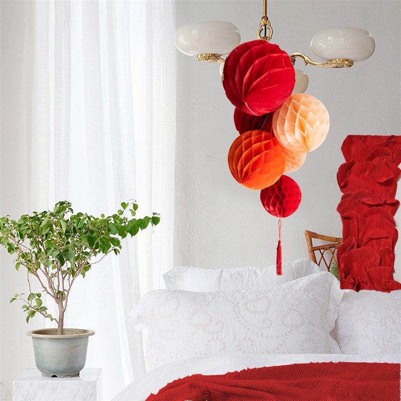 婚房布置纸扇蜂窝球挂饰结婚房间装饰女方卧室背景墙订婚客厅灯笼