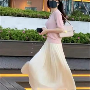 流光纱裙女2023秋季牛奶珠光裙子气质杨柳皱网纱半身裙中长款