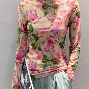 半高领打底衫女春秋新款长袖T恤内搭洋气花色高级感外穿网纱上衣