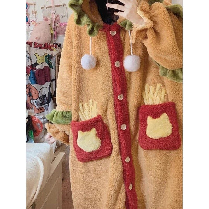 汉堡睡衣吃堡堡加厚大码睡袍珊瑚绒保暖可爱包衣闺蜜装睡裙冬季