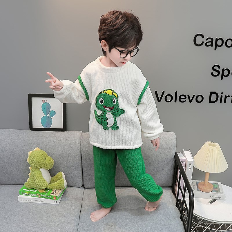 男童睡衣套装2025新款春秋冬男宝宝恐龙法兰绒加厚居家两件套款式