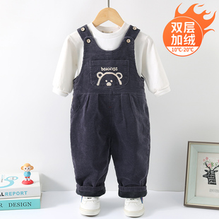 宝宝加绒抱婴袋裤加厚男宝秋装2023新款一岁儿童灯芯绒婴儿裤子秋