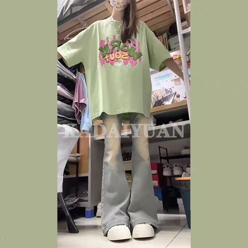 童装美式喇叭牛仔裤新款微喇弹力显瘦显高窄版小个子裤子女童夏款