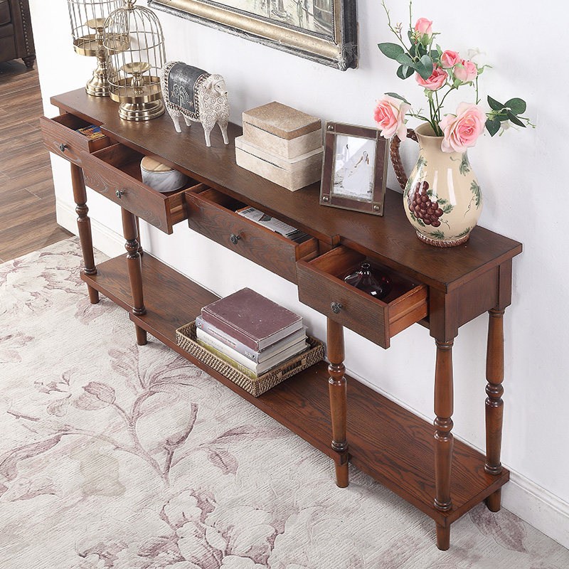 美式入户玄关台客厅彩绘长条案台实木靠墙置物架轻奢窄长玄关桌子