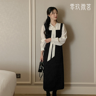 零玖微茗韩版冬装新款大码可爱粗花呢长款连衣裙显瘦背心裙78245