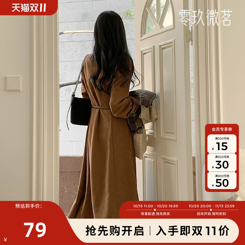 大码09women韩柔雅桃皮绒A字束腰长袖连衣裙微胖mm显瘦长裙79254