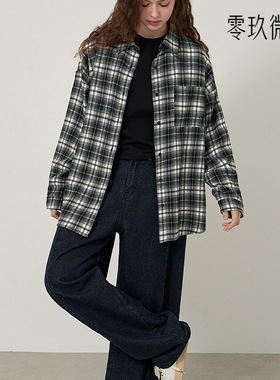 零玖微茗韩国大码女装秋季衬衣休闲Y字领不对称宽松格子衬衫83759