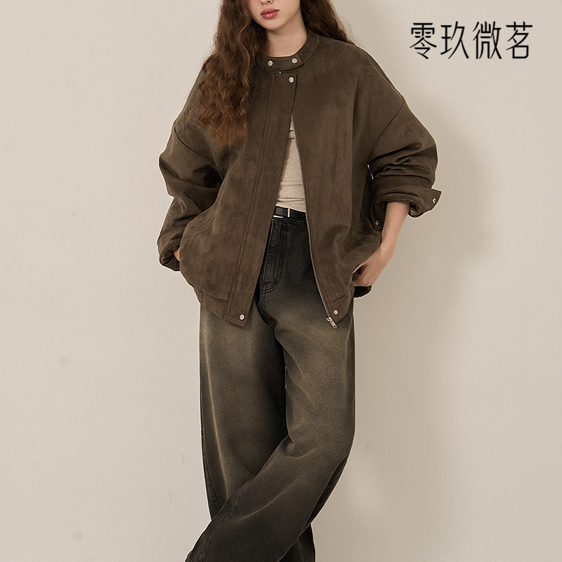09women2025韩国大码秋冬帅气仿羊羔皮宽松夹绒外套夹克84371
