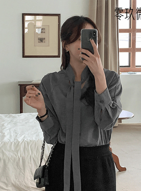 2025加大码韩版干练柔软绒面革领带式衬衣衬衫职业系带上衣79252