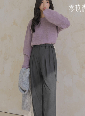 零玖微茗简约大码百搭系带宽松气质阔腿裤灰色职业休闲女裤79300