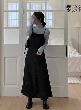 零玖微茗韩版大码吊带连衣裙秋冬新款宽松系带裙显瘦中长款77862