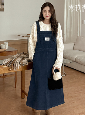 09women韩国大码女秋冬休闲棉质灯芯绒长款保暖开叉背带裙84729