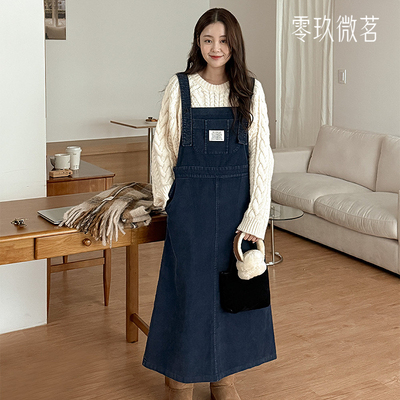 09women韩国大码灯芯绒长背带裙