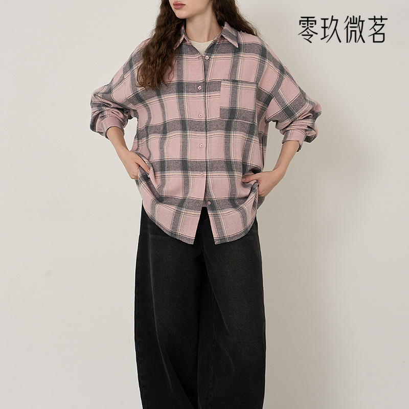 09women大码长袖磨毛格子衬衣