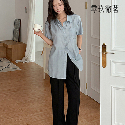 09women韩国大码中长款短袖衬衣