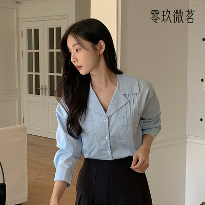 零玖微茗韩版大码秋季新款女士V领衬衣加大宽松胖MM显瘦衬衫77911