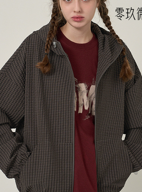 09women韩国大码女装休闲风宽松抽绳连帽格子外套83758