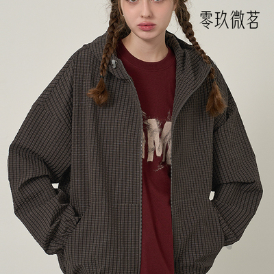 09women韩国大码女装休闲风宽松抽绳连帽格子外套83758