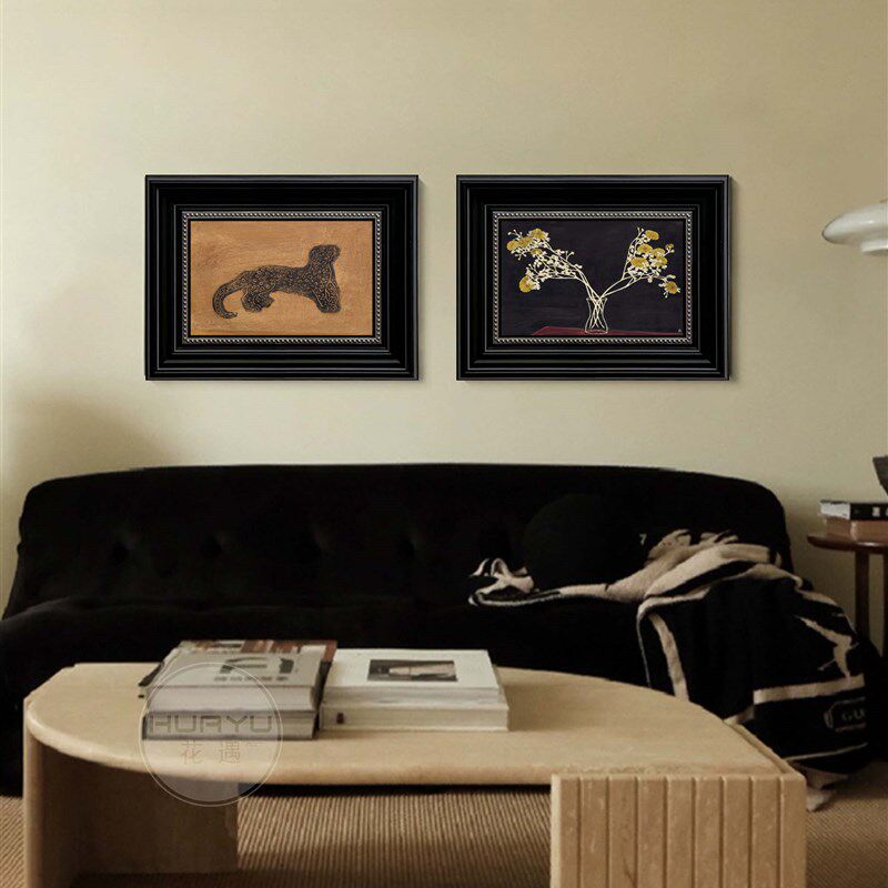 中古风常玉金钱豹客厅沙发背景墙法式装饰画入户玄关黑色边框挂画