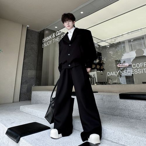 秋装韩国东大门轻奢翻领垫肩夹克套装男设计感休闲阔腿长裤两件套