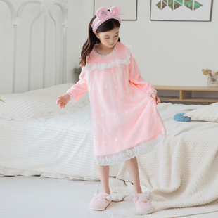 女童公主风睡裙法兰绒长款浴裙秋冬儿童家居服加厚亲子中大童保暖