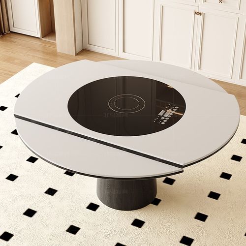 北美白蜡木中古风实木餐桌多功能可伸缩圆桌带内嵌电磁炉暖菜转盘