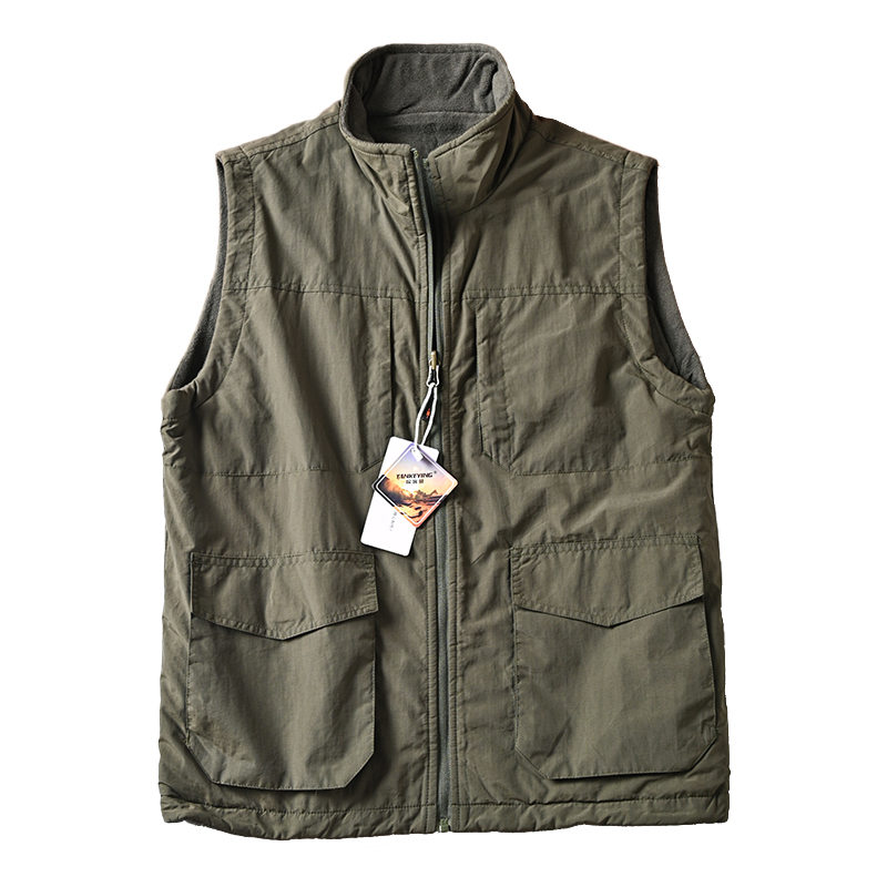 两面穿 加绒加厚复合摇粒绒工装马甲男户外防风防水立领马夹背心