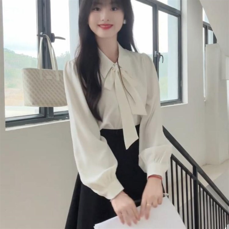 雪纺蝴蝶结衬衫女秋装教资穿搭职业正装飘带上衣事业编面试套装裙