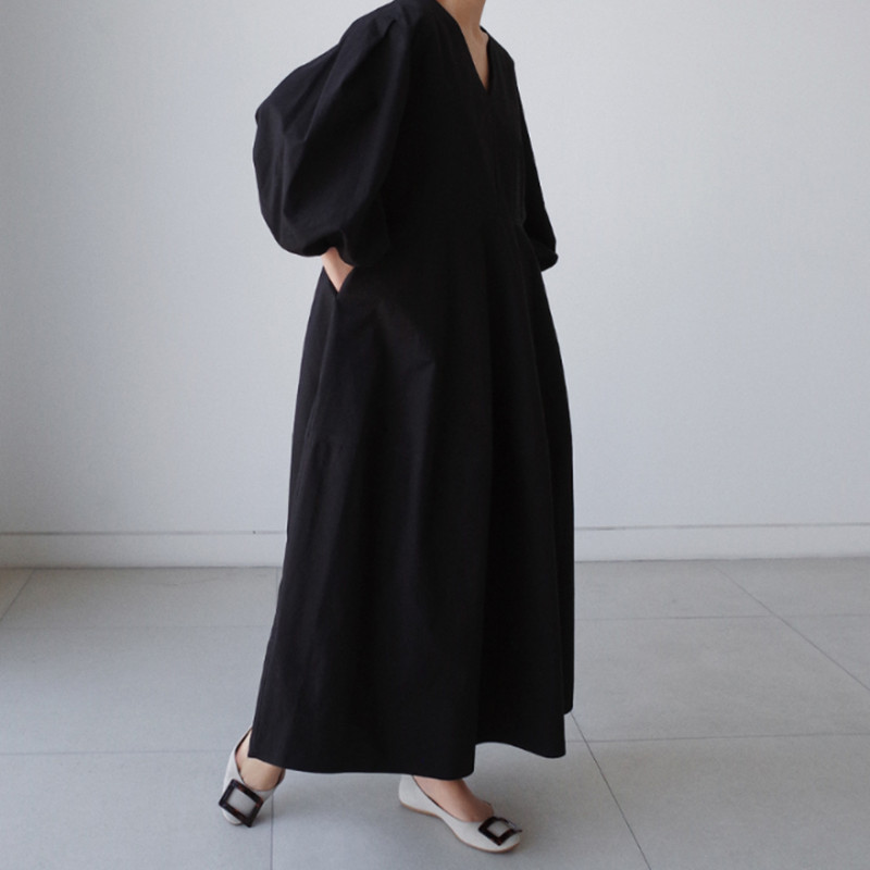 宽松大码衬衫裙过膝长款连衣裙休闲学生V领打底衫灯笼袖娃娃裙潮